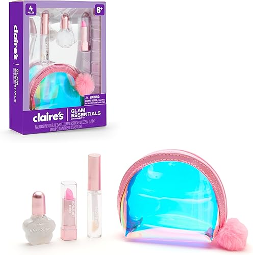 Claire's Glam Essentials Mini kit de maquillaje  Brillo de labios para niños, lápiz labial, esmalte de uñas, bolsa de cosméticos iridiscente, juego