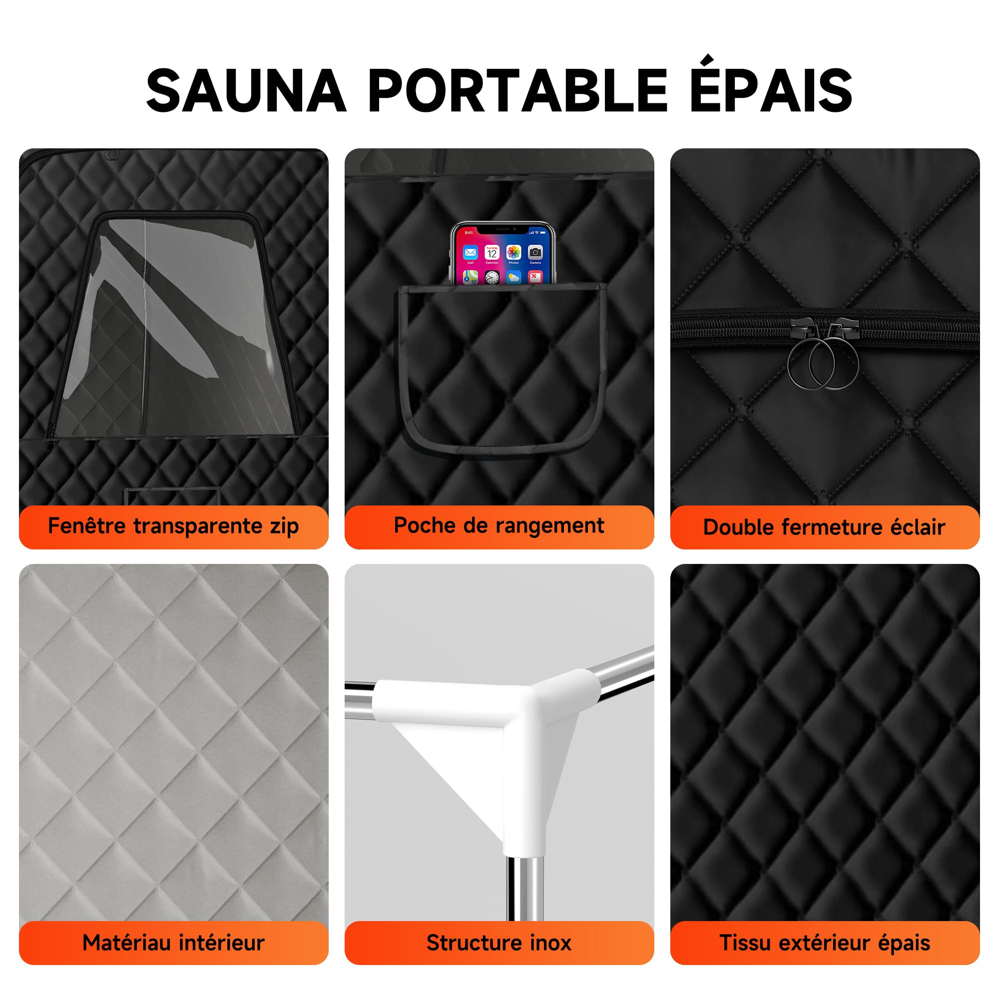 Resitsland Sauna Portable, spacieux et Portable pour la Maison, boîte de Tente de Sauna avec cuiseur Vapeur de 3 l, 90 x 90 x 180 cm, télécommande, Chaise Pliante, 9 Niveaux Nior