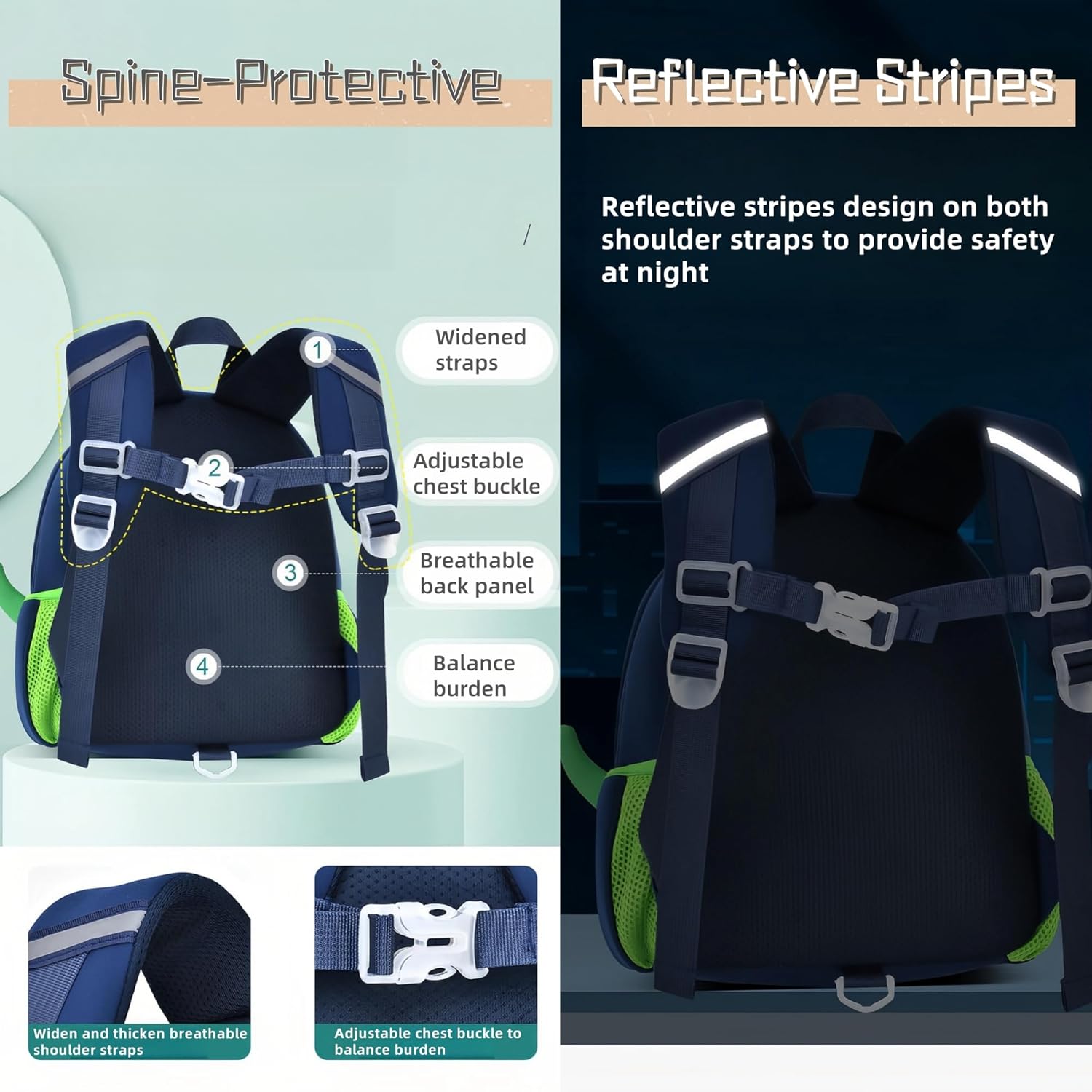 Dinosaur Anti-lost Backpack for Toddler Boys,Kids Bookbag for Preschool Boys Backpack, Fit A4 Folder, 02-Green+Orange - Image 5