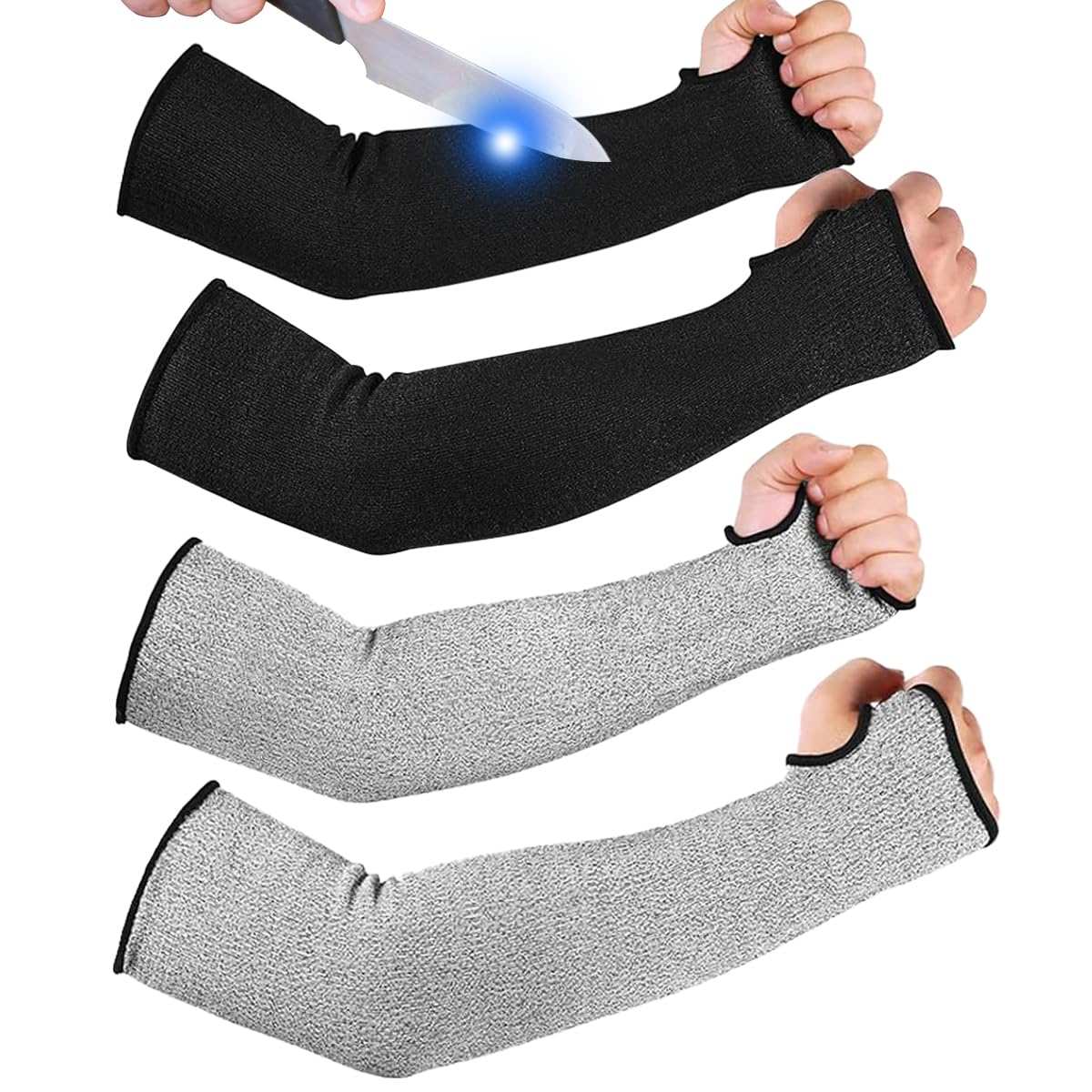 2 Pairs Cut Resistant Sleeves Level 5 with Thumb Hole 18 Inches Arm Protectors for Thin Skin and Bruising, Arm Guards for Men and Women Work Women (Black, Gray), Grey and Black