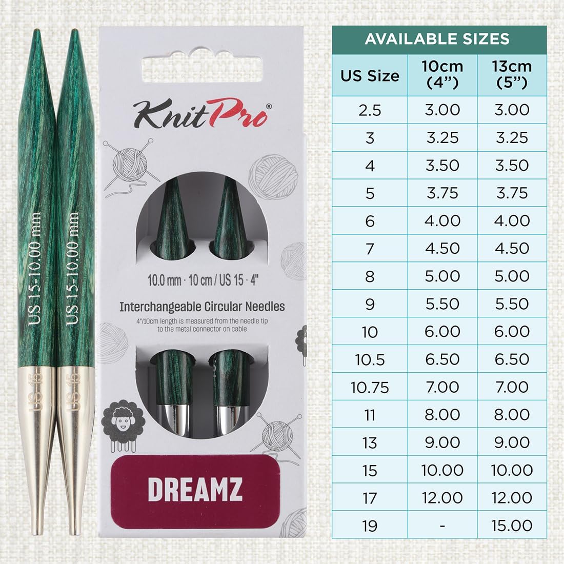 KnitPro Dreamz Interchangeable Circular Needles 4" (10cm) | US Size 15 (10mm)