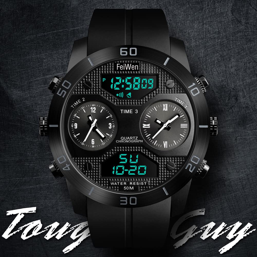 Homme Mode Analogique Quart LED Électronique Temps Trois Digital Montres Bracelet 50M Étanche Outdoor Militaires Sport Montre Chronomètre Calendrier (Noir)