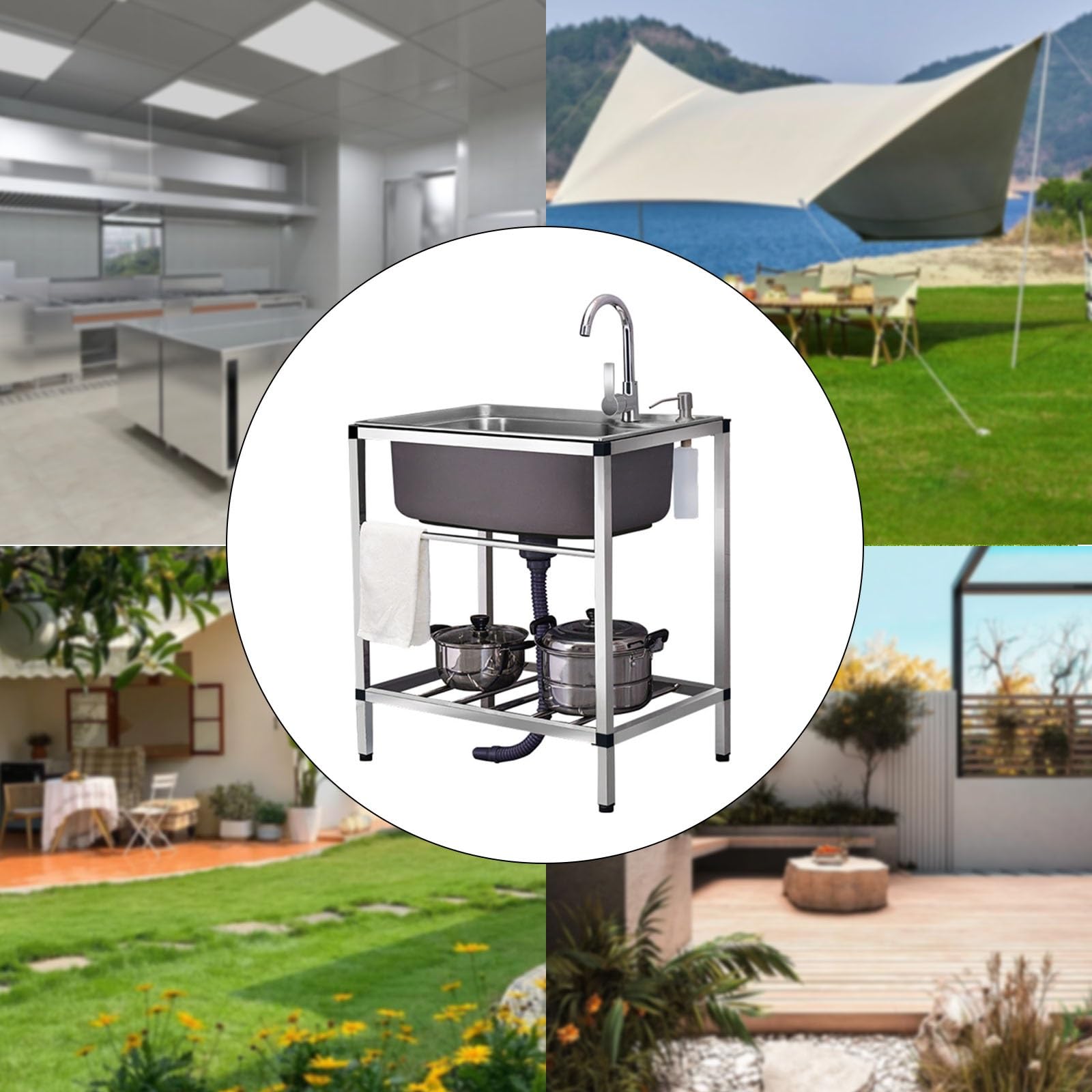 Lavello multiuso in acciaio inox con rubinetto, lavabo autoportante per esterni per giardino, uso commerciale, 1 scomparto con gocciolatoio, perfetto per piccoli ristoranti