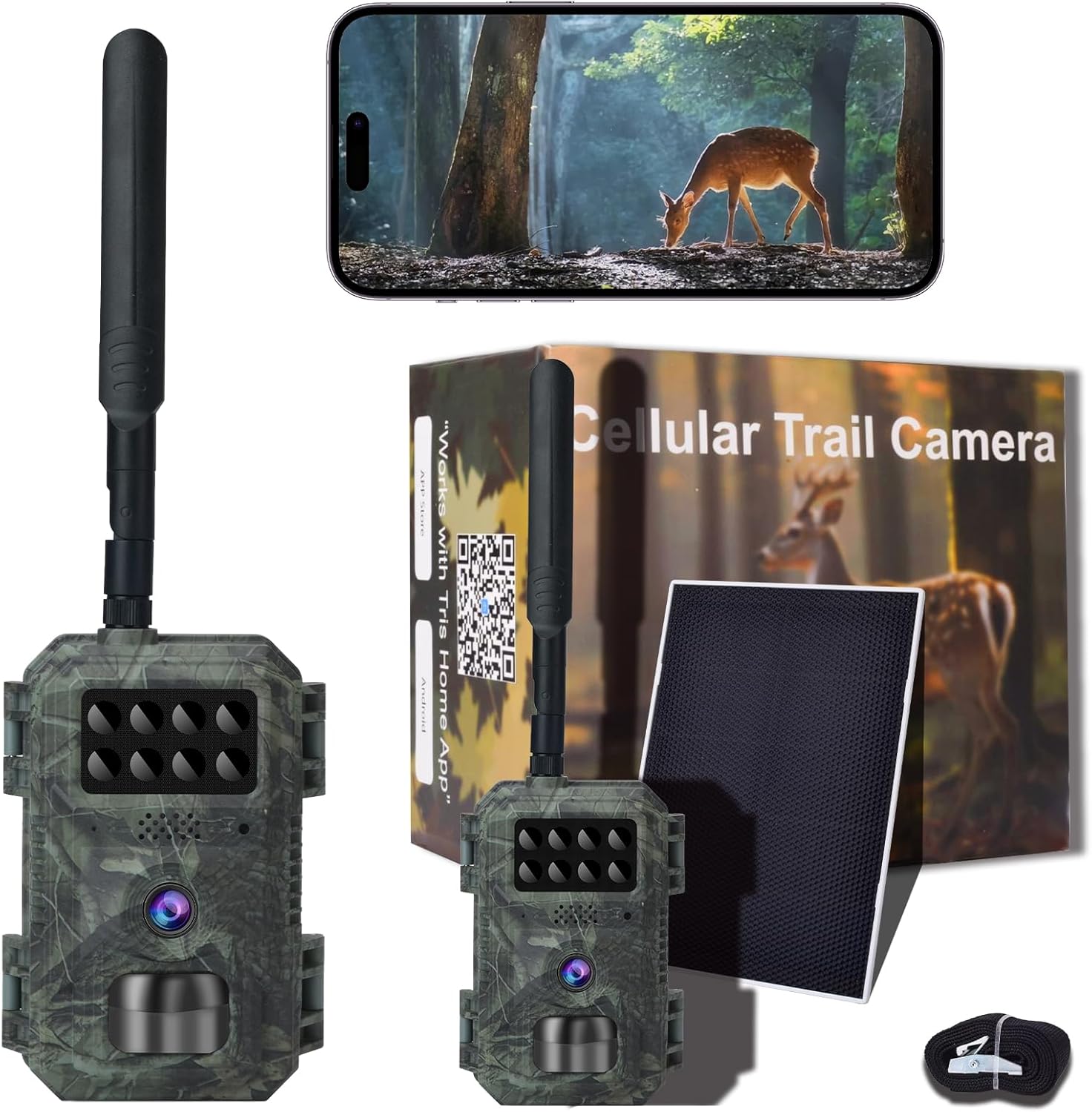 2K Solar & USB Powered Trail Camera, Wildlife Game Cam, 120° Wide Angle, 65ft Night Vision, Motion Activated, IP66 Waterproof Hunting Camera for Outdoor, Security & Property Monitoring