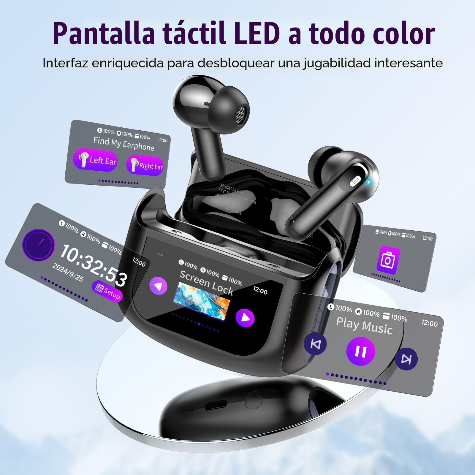 Thunelec Auriculares Inalambricos con Pantalla Táctil LED, 2026 Nuevo Auriculares Bluetooth 5.4 con Reducción de Ruido ANC+ENC y HD Mic, 48H Cascos Inalambricos con HiFi Estéreo/5 Modos EQ, Negro
