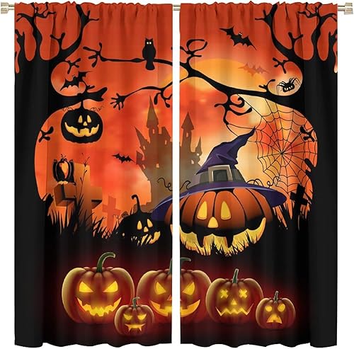Cortinas opacas de noche de Halloween de dibujos animados para dormitorio, divertidas cortinas de tela de araña de calabaza, murciélagos, cortinas