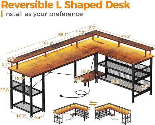 Miniatura 28 de ODK Escritorio para juegos en forma de L de 66 pulgadas con toma de corriente y luces LED, mesa de juegos de PC con textura de fibra de carbono,