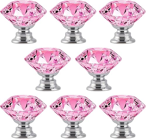 8 piezas de tiradores de gabinete de cristal rosa, perillas de vidrio de diamante de 30 mm, asas decorativas de gabinete de cocina para cajones de