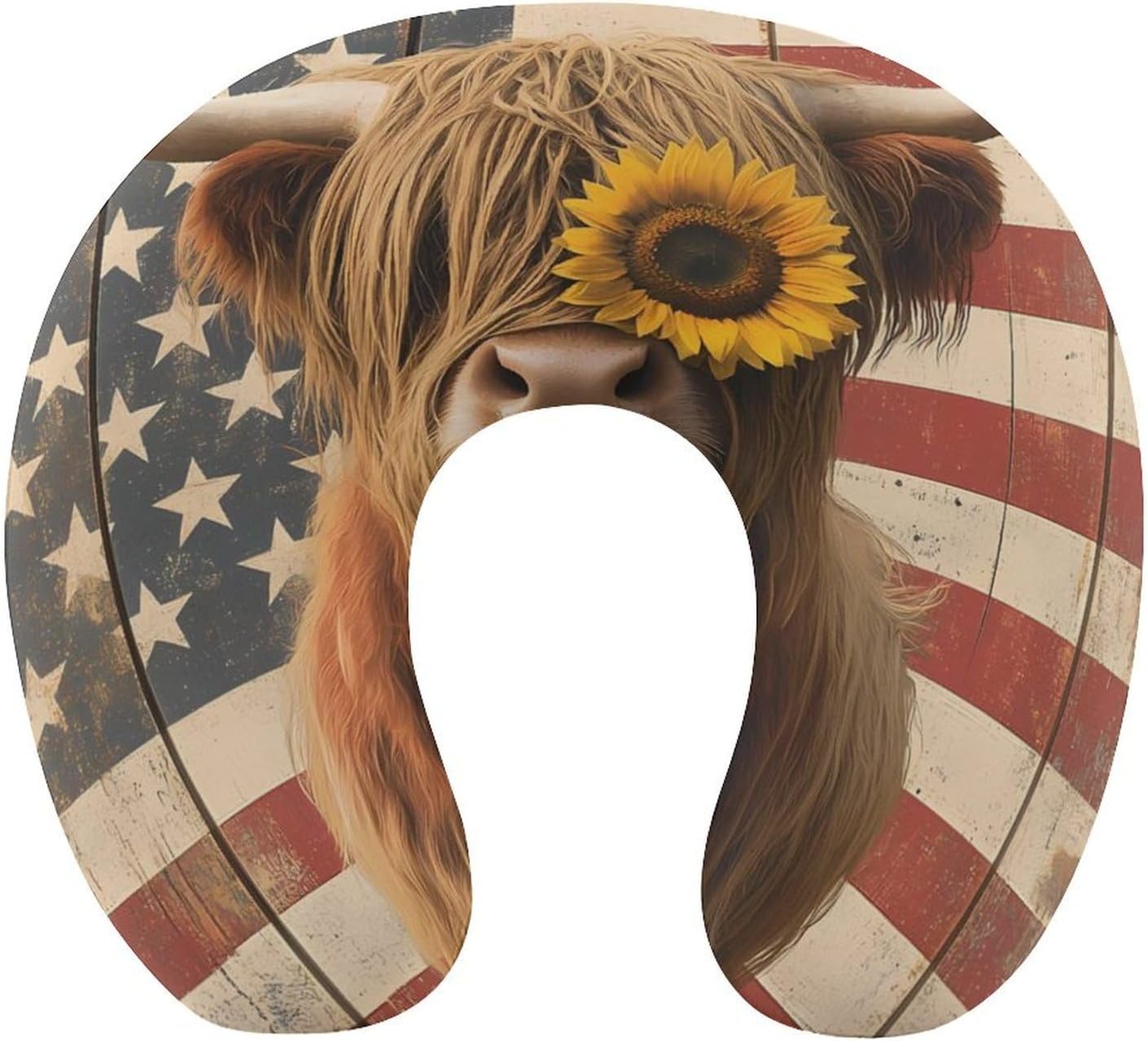 Highland Cow Cattle Sunflower U.S. Flag Memory Foam Pillows U Shaped Travel Neck Pillow