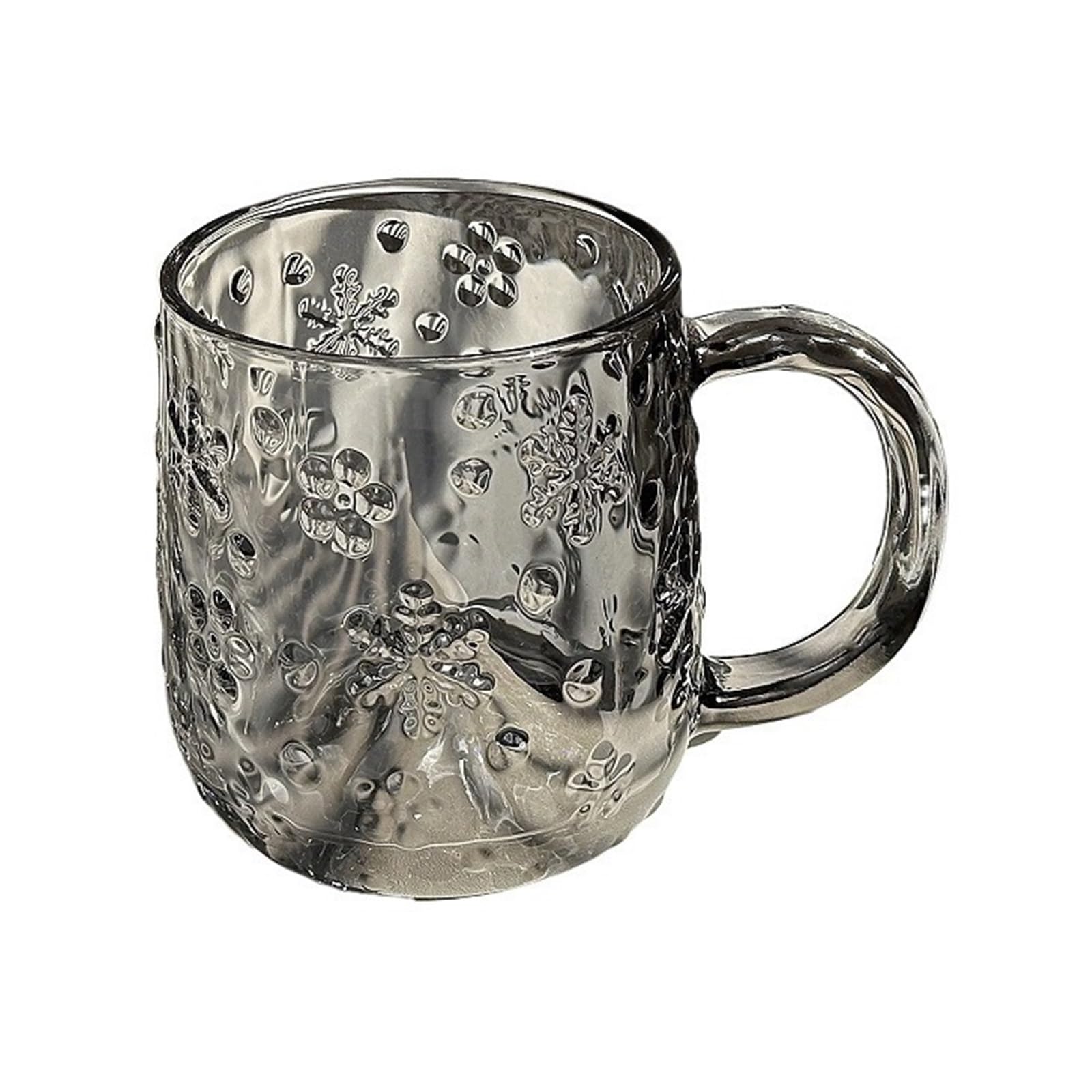 Vaso de vidrio gris de 325 ml con asa y relieve de copo de nieve para café o agua
