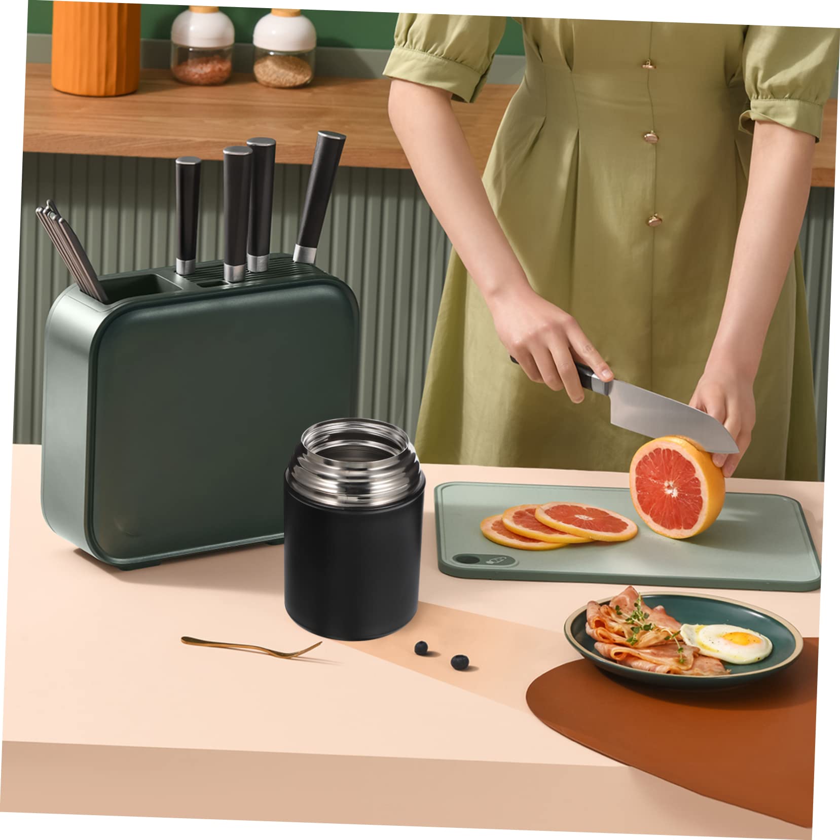 Tragbarer Edelstahl Essensbehälter 850ml Doppelwandiger Vakuum Wärmebehälter Auslaufsicher mit Löffel für Outdoor Aktivitäten Schwarz