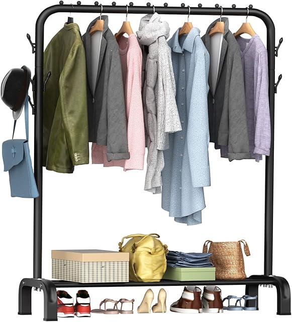 LOEFME Clothes Rail, Heavy Duty Clothes Rail, Clothes Rails For Bedroom, Clothes Rack, Minimalist Design Black Clothes Rail with 8 Side Hooks, Free Standing Clothes Rail, Portable Clothing Storage