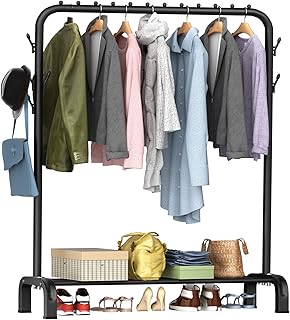 LOEFME Clothes Rail, Heavy Duty Clothes Rail, Clothes Rails For Bedroom, Clothes Rack, Minimalist Design Black Clothes Rail with 8 Side Hooks, Free Standing Clothes Rail, Portable Clothing Storage