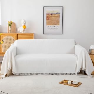 GAOWEI Funda de sofá de gofre con flecos decorativos, ideal para sofá, banco y cama, color blanco, 180 x 230 cm