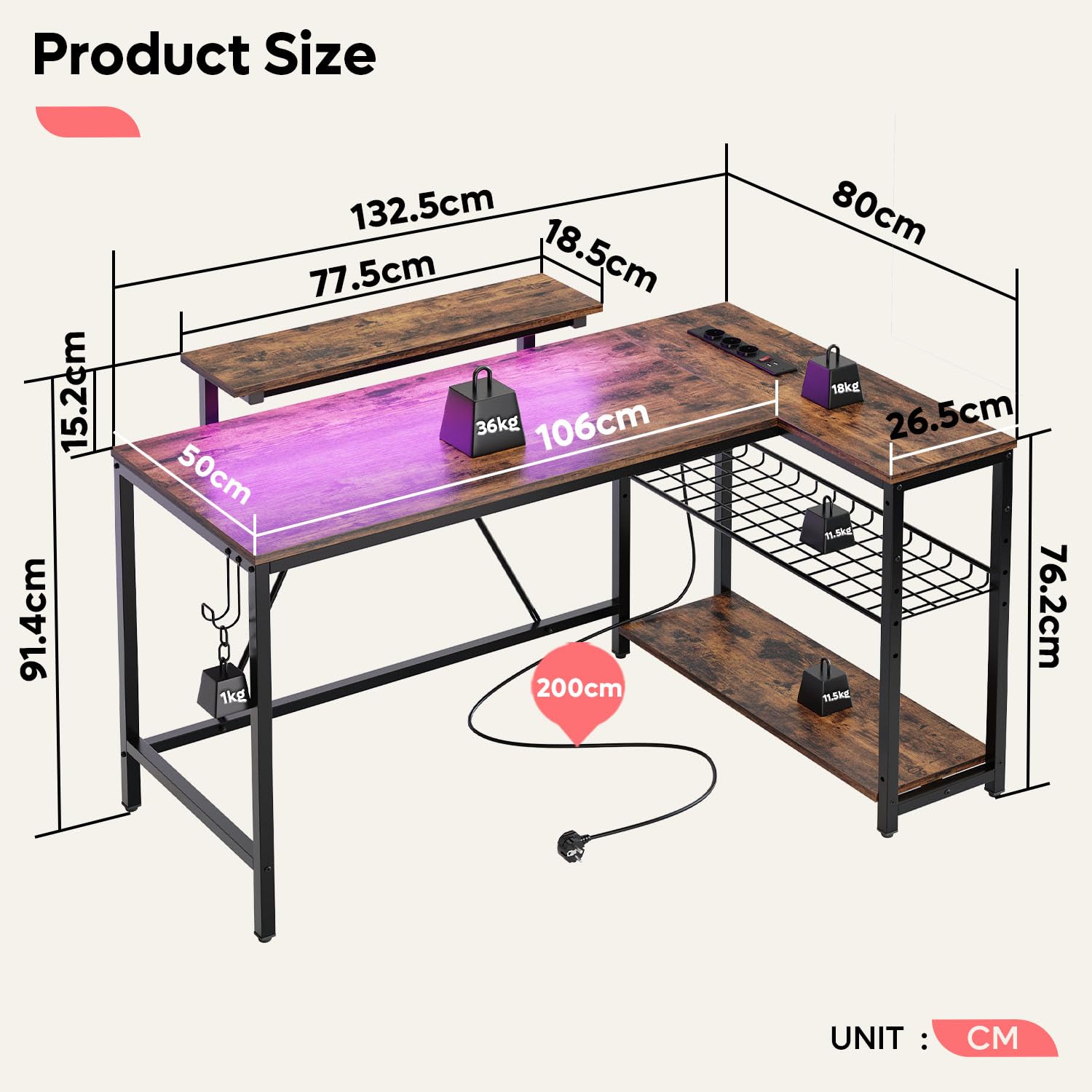 Bestier Scrivania Angolare a Forma di L con LED e Prese – Scrivania Reversibile 132 cm con Ripiani, Ideale per Ufficio, Studio e Gaming