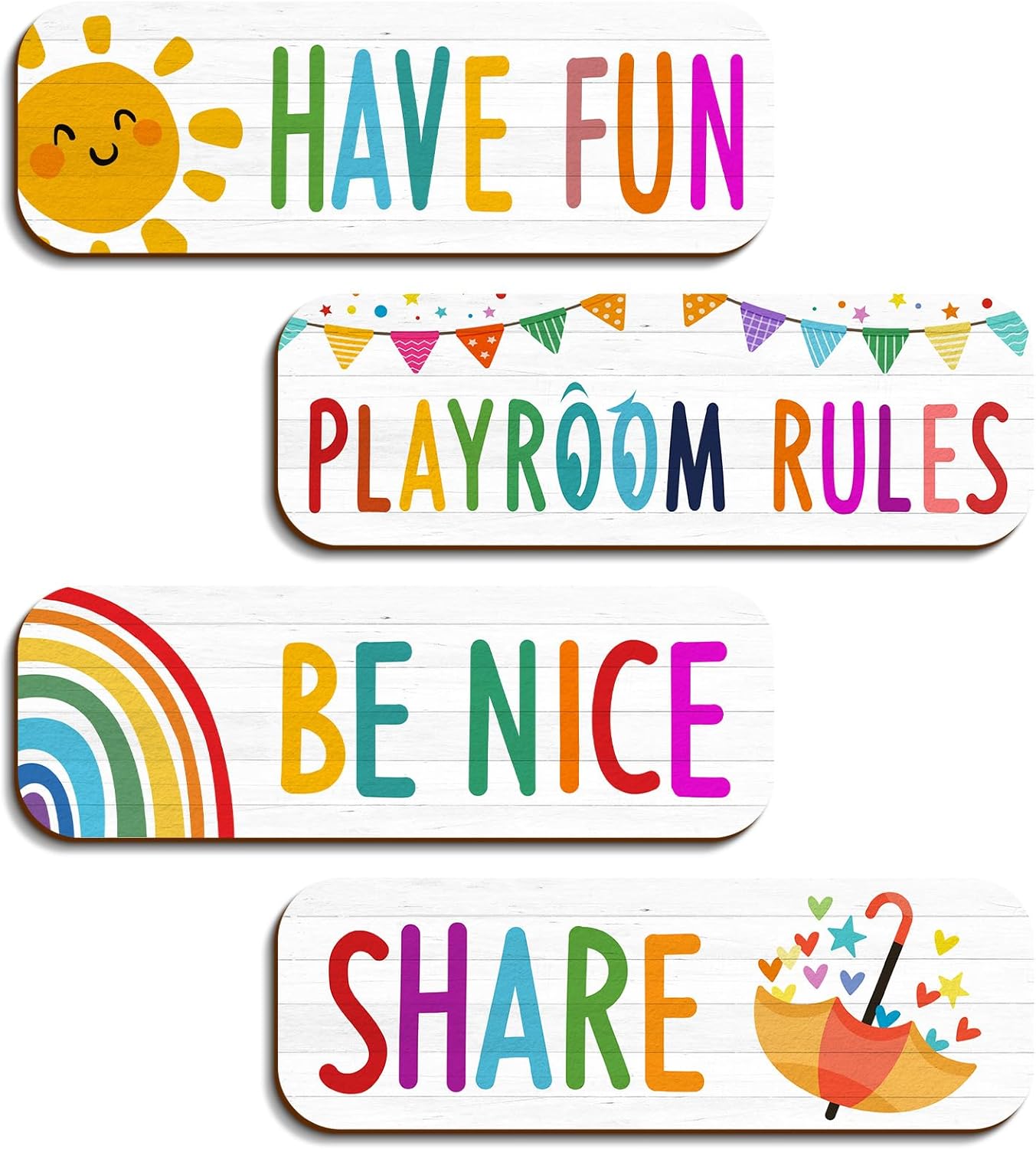 4 Pcs Playroom Sign Kids Playroom Wall Decor Playroom Rules Quotes Sign Be Nice Share Have Fun Wooden Hanging Wall Art Colorful Art Wall Plaque Playroom Decor for Little Boys Girls Bedroom (playroom