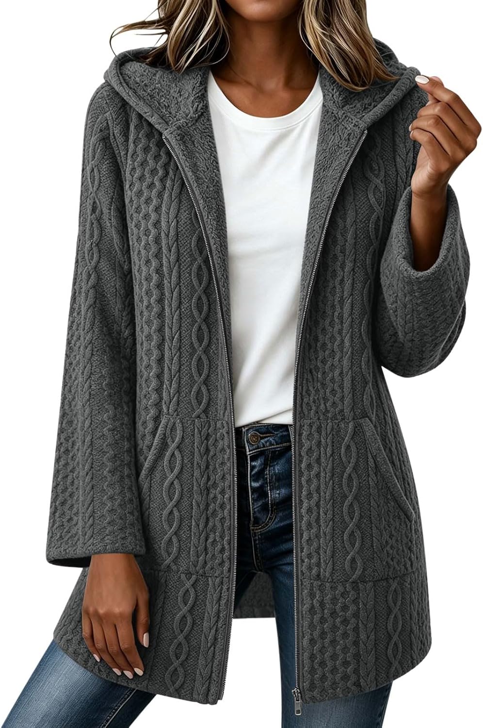 Women Cable Knit Fleece Lined Coat Full Zip Long Sleeve Warm Jacket