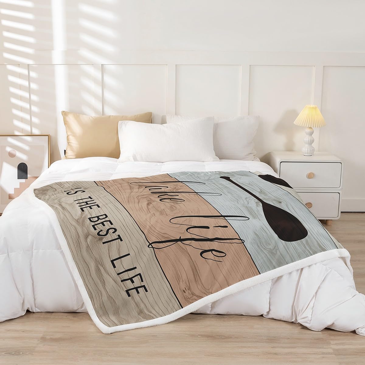 Lake House Life Plush Blanket,Paddle Oars Rowing Boating Hunting Bed Blanket Home Decor Gift,Retro Rustic Farmhouse Wooden Board Modern Style Fuzzy Blanket Office Chair, X Size (40 x 50 Inch)