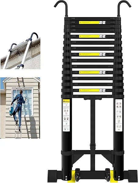 Wolec Telescoping Ladder, 20.3FT Aluminum Portable Extension Ladder w/Hooks, Stabilizers& Wheels, 330lbs Capacity, Collapsible Design, Outdoor & RV Friendly, Aluminum, Sturdy & Reliable, Black