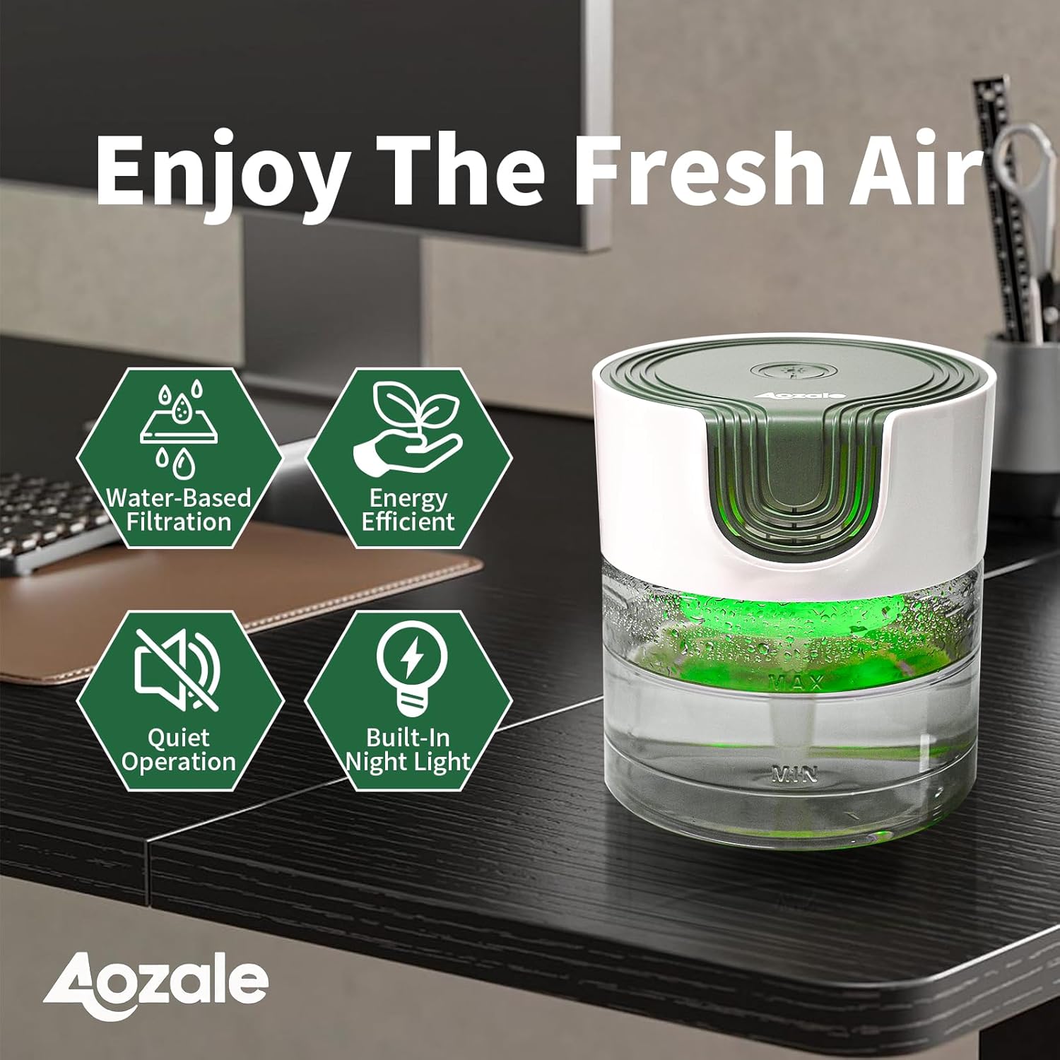 Aozale Water Air Purifier for Home, Quiet Variable Speed Water-Based Air Purifiers with LED Night Light, Essential Oil Aroma Diffuser, Humidifier & Freshener - for Home Pets Odors, Smoke (Green)