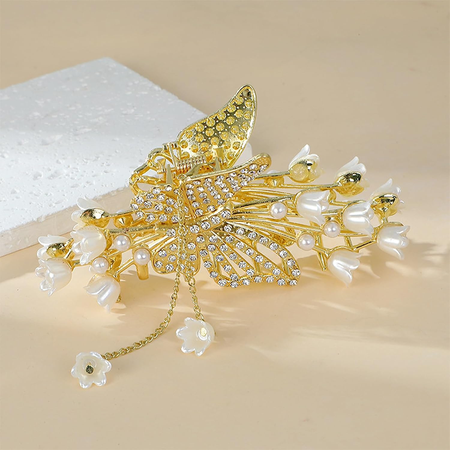 Gold Butterfly Hair Claw Clips Pearl Chain Tassel Rhinestone Butterfly Flower Hair Clips Tassel Nonslip Clamps Hair Accessories for Women (Crystal Butterfly Lily of the Valley Tassel A) image 5
