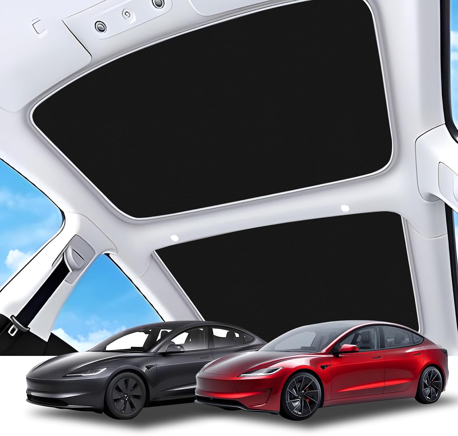 KUST Black Sunshade Roof Compatible with 2020-2026 Tesla Model 3/ Highland - Sunroof Cover with 12 PCS Clips - No Sagging No Slipping - Car Interior Accessories for Tesla - Block UV Rays