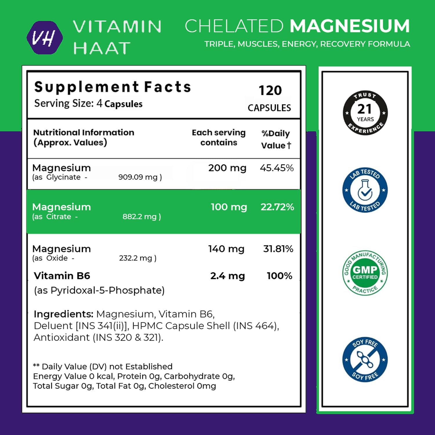 Magnesium Supplement | Magnesium Glycinate and Citrate with Vitamin B6 Supports Muscle Recovery & Better Sleep | Triple Mineral Complex |2025mg Per Serving 120 Capsules by VitaminHaat — Amazon image 3