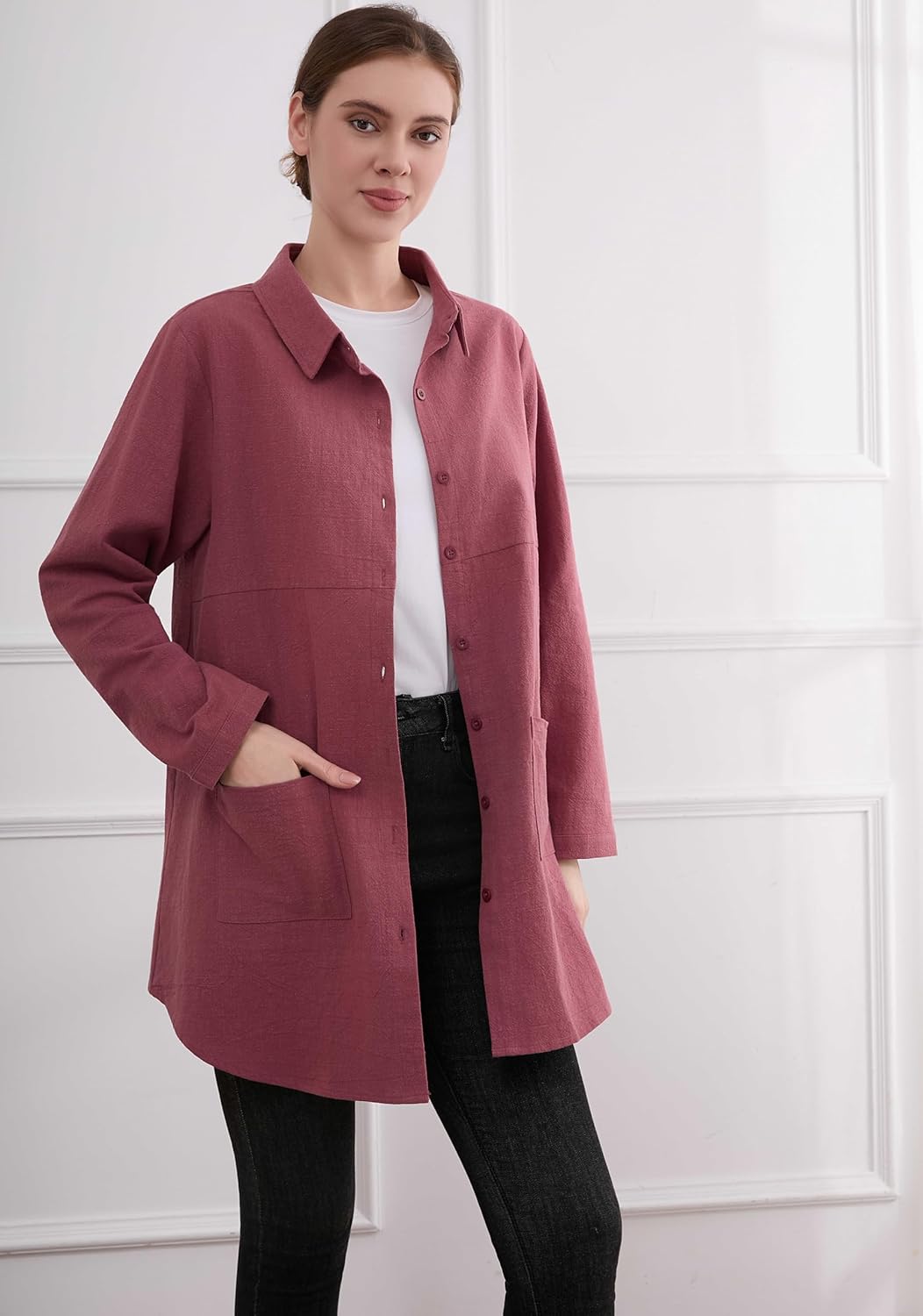 Minibee Women's Linen Shirts Button Down Long Tunic Tops Plus Size Blouse with Pockets - Image 3