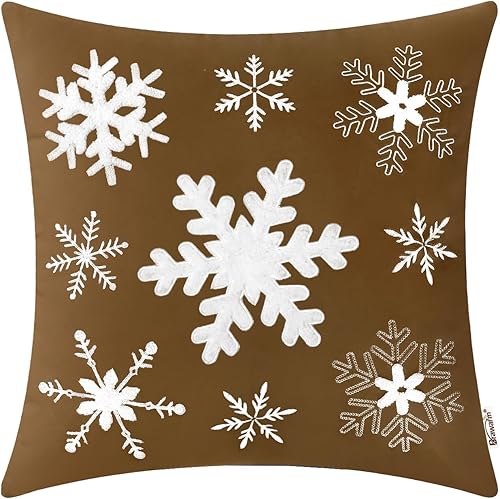 Miniatura 1 de BRAWARM Funda de almohada de Navidad de 18 x 18 pulgadas, funda de almohada bordada de copo de nieve marrón, almohada decorativa de terciopelo suave