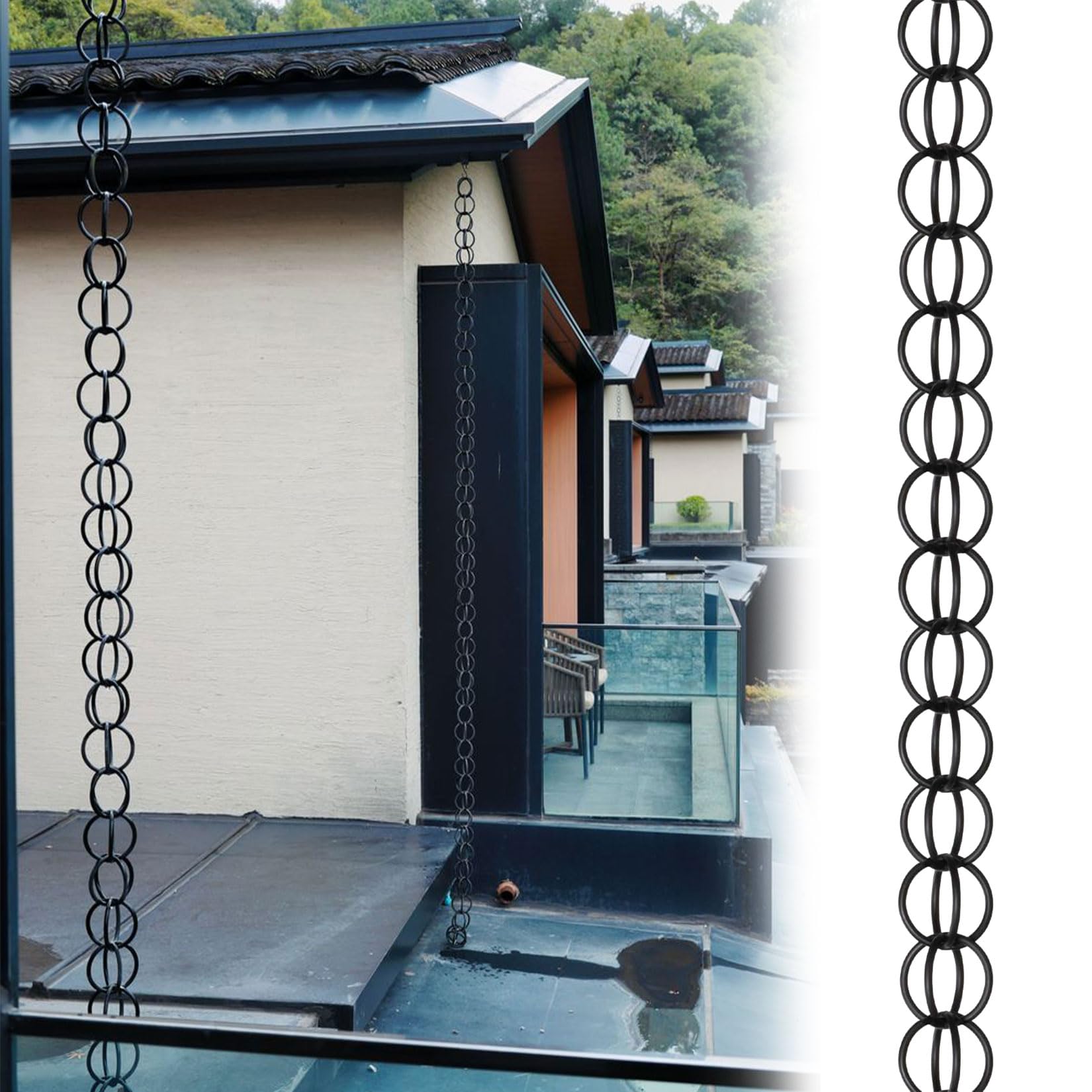 WEKONUMEX Rain Chains for Gutters, Double Ring Rain Chain Collector, Aluminum, 16Rings/M, Dark Brown/Black, 1-10m(Black,1.8m(6ft))