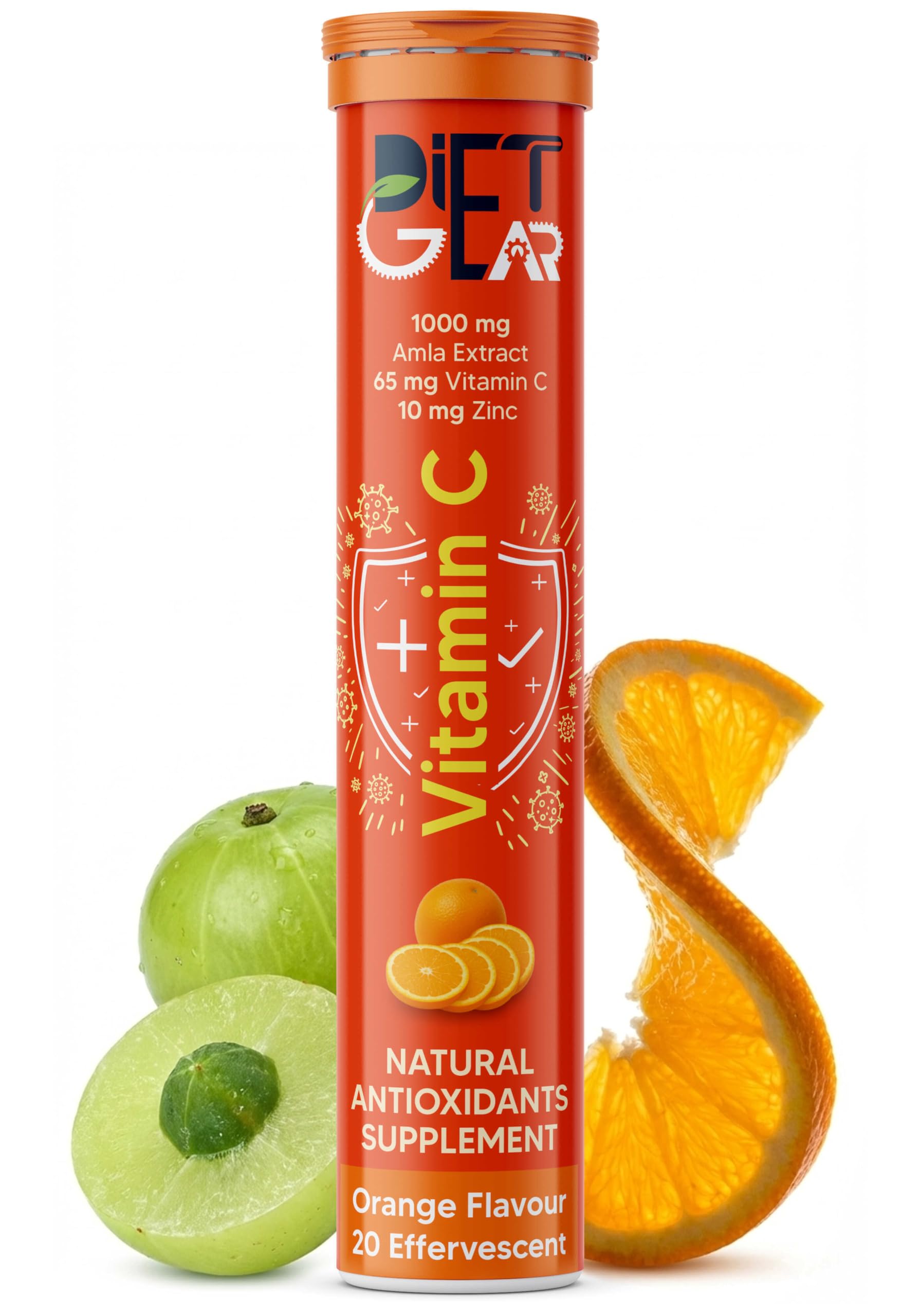 DIET GEAR - 1000 mg Natural Vitamin C and 10 mg Zinc Effervescent Tablet Supplement | Organic Immunity Booster, Skin Care, Antioxidants & Energy Boost | 100% RDA | 20 Tablets - Orange Flavour