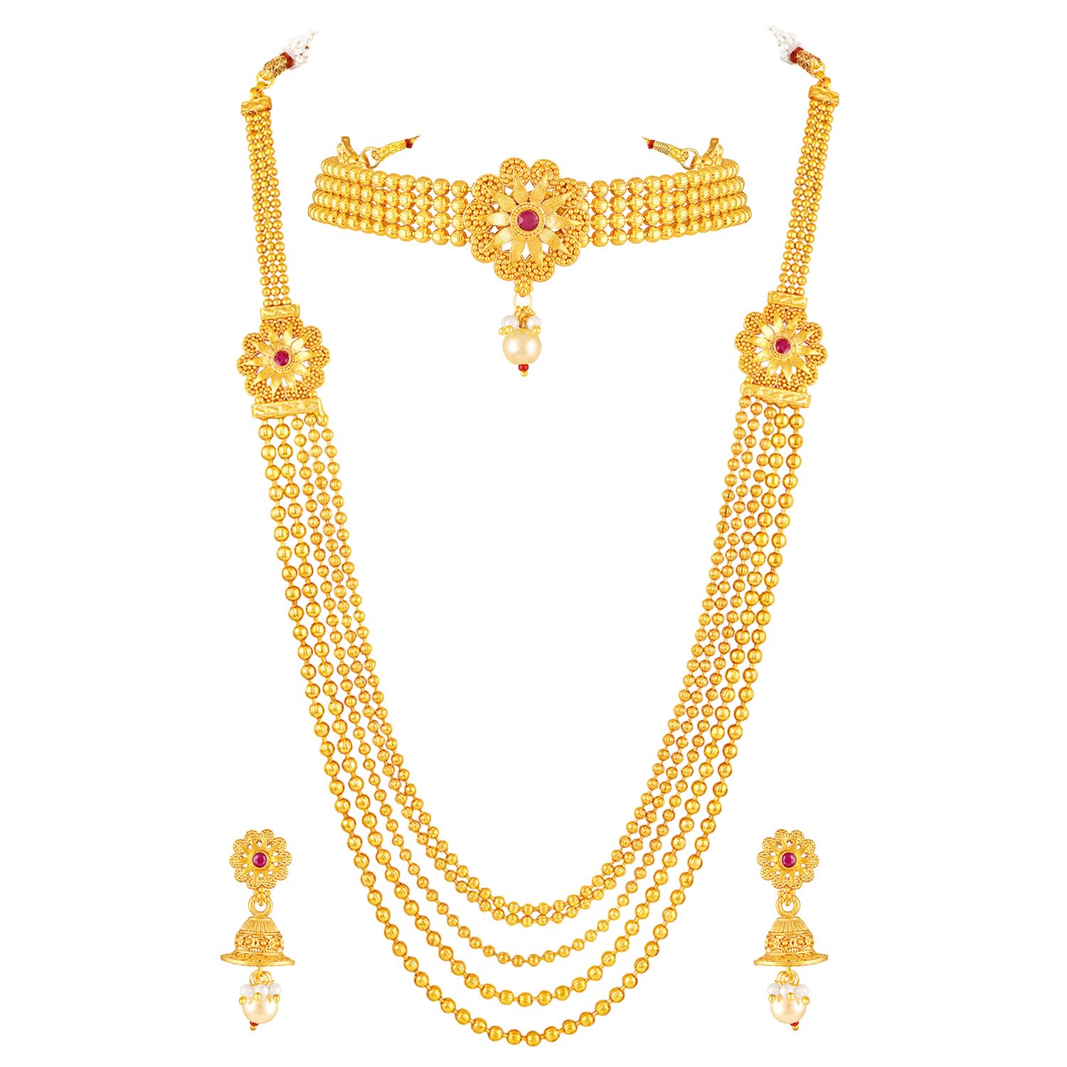peora Gold Plated Faux Ruby & Beads Studded Short & Long Necklace Earrings Ethnic Bridal Set Jewellery for Women Girls-picture-36