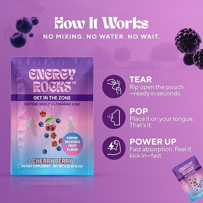 No Water Energy Packets - Instant Energy Supplement with 100mg Caffeine + L-Theanine + B12, Pre Workout, Zero Crash Formula (6 Sachets, Cherry Berry & Pineapple Mango)