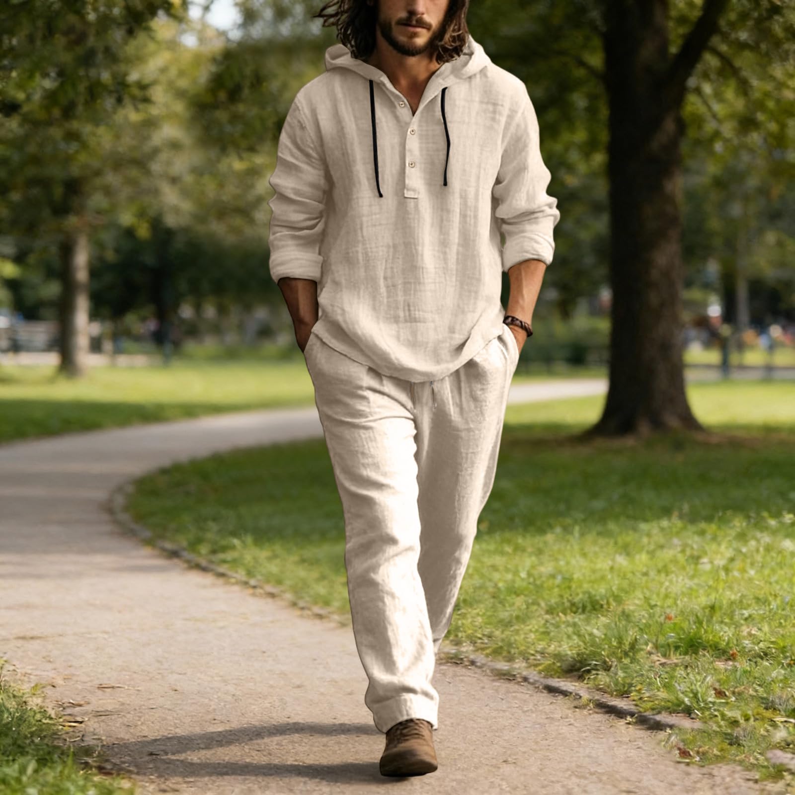 Completo Uomo Lino Tinte Unite Magliette Manica Lunga con Cappuccio E Pantaloni Abbigliamento Uomo Estivo Completi Vintage Moda Morbido Set da Casa Viaggi Spiaggia