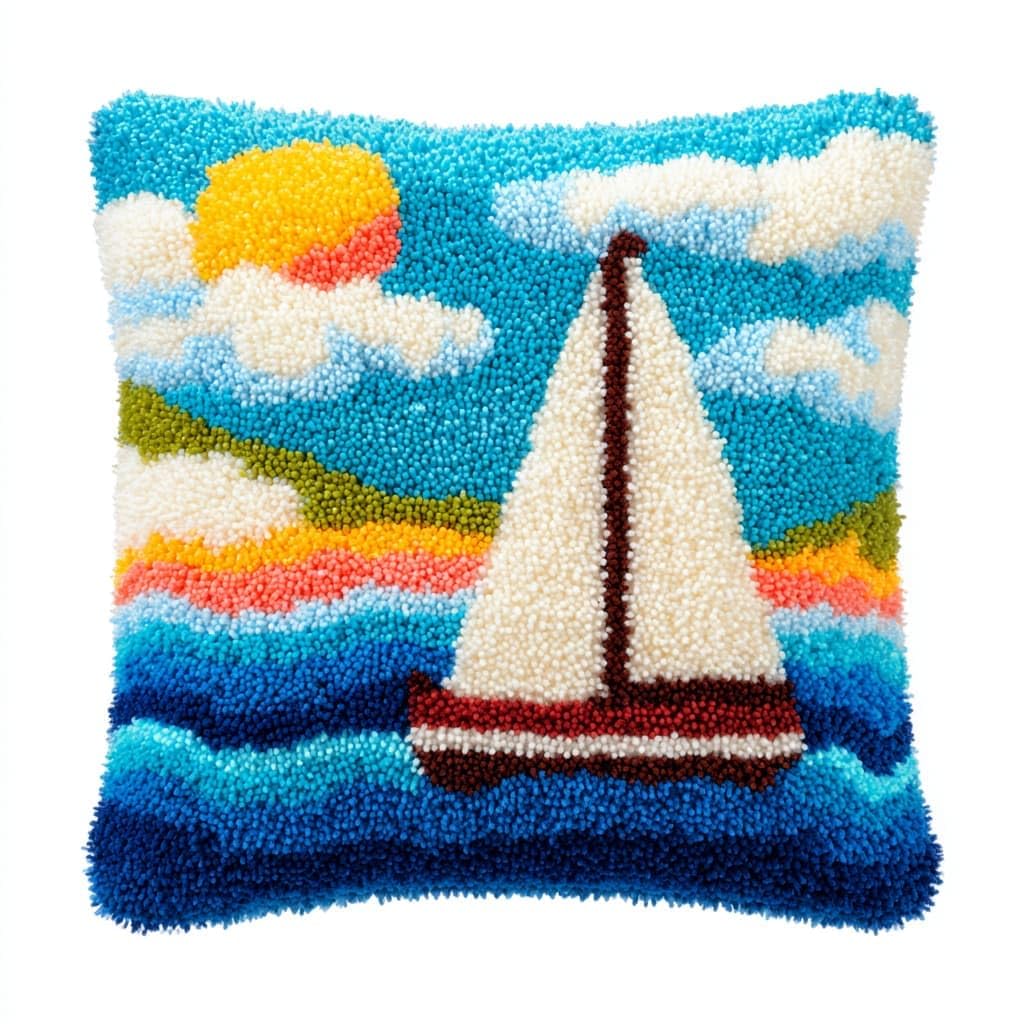 Taxpy DIY Latch Hook Rug Kits, Sailboats at sea Latch Hook Cushion Kits Pillowcase Rug Crochet Needlework DIY Needlework Pillow Cover Sofa Cushion 43x43cm