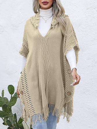KEOMUD Women's Poncho Sweater Hooded V Neck Knitted Cape