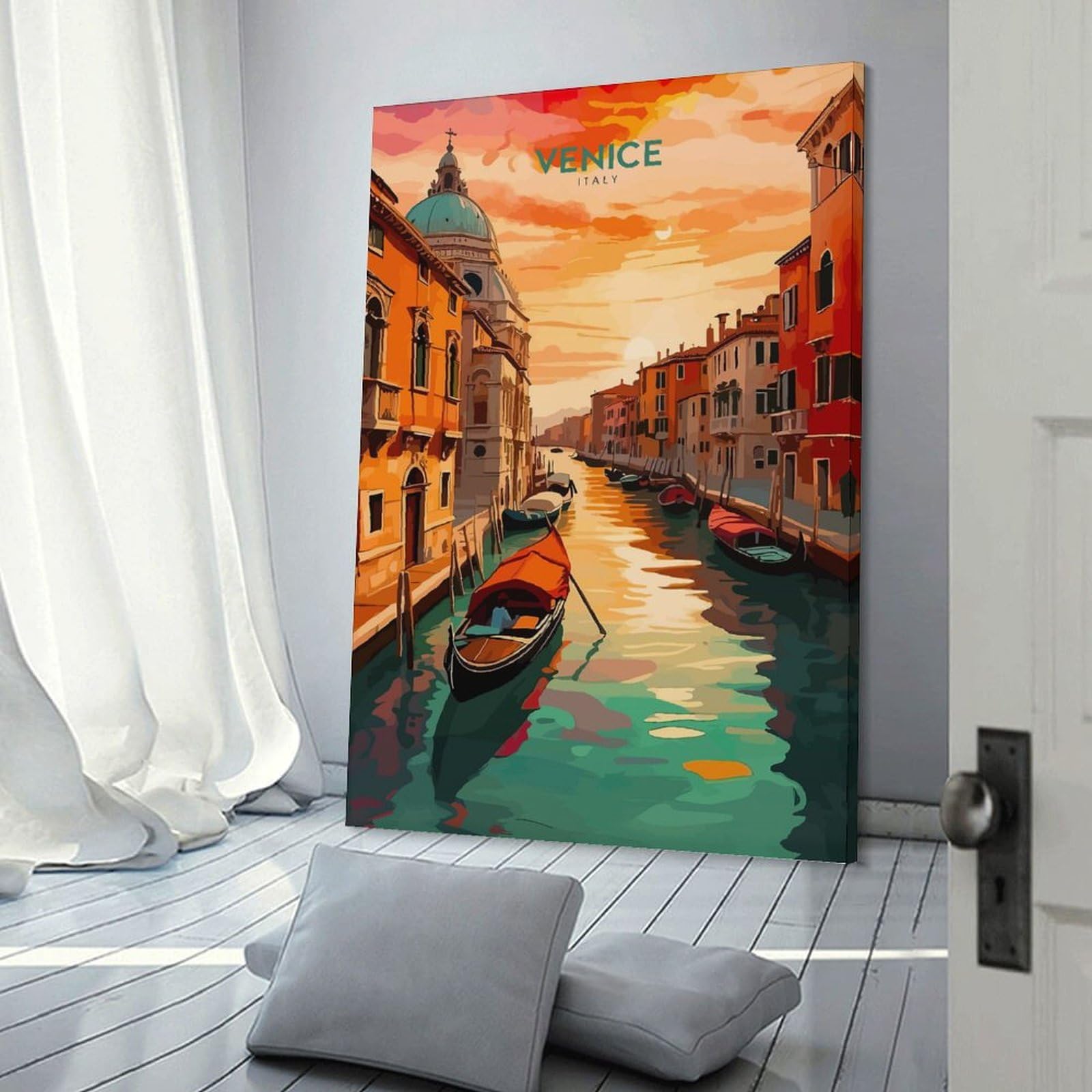 Junmoney Venice Canal Sunset Travel Home Decor Wall Art, 24x36inch(60x90cm), for Apartment Walls, Studios Or Work Areas, Decorative Canvas Decor for Home Updates