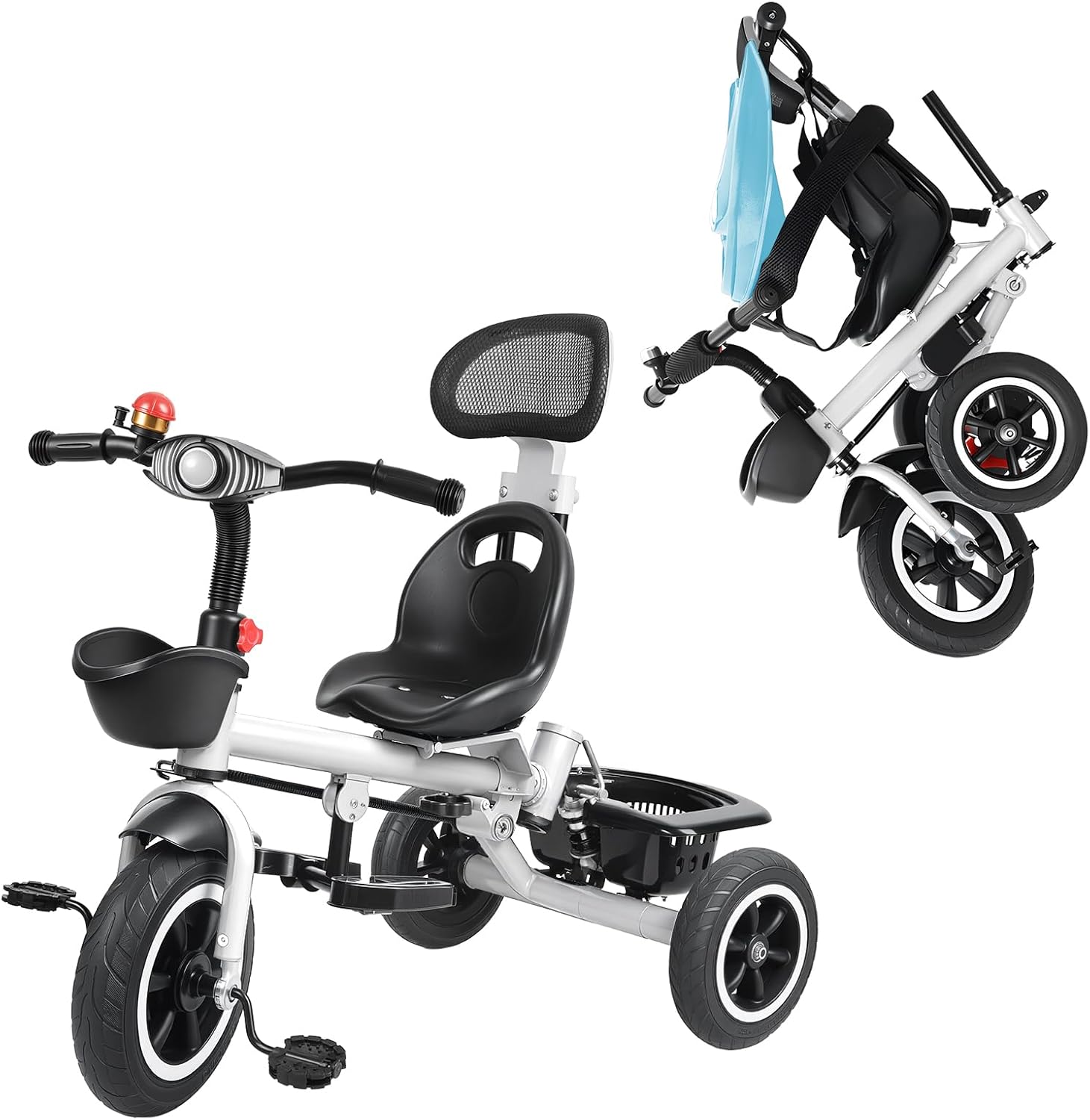 Folding Kids Tricycle with Adjustable Push Handle, Removable Canopy, 165 lbs Capacity, 6-in-1 Baby Trike for Ages 3-6, Storage Basket, Music Headlights (Blue)