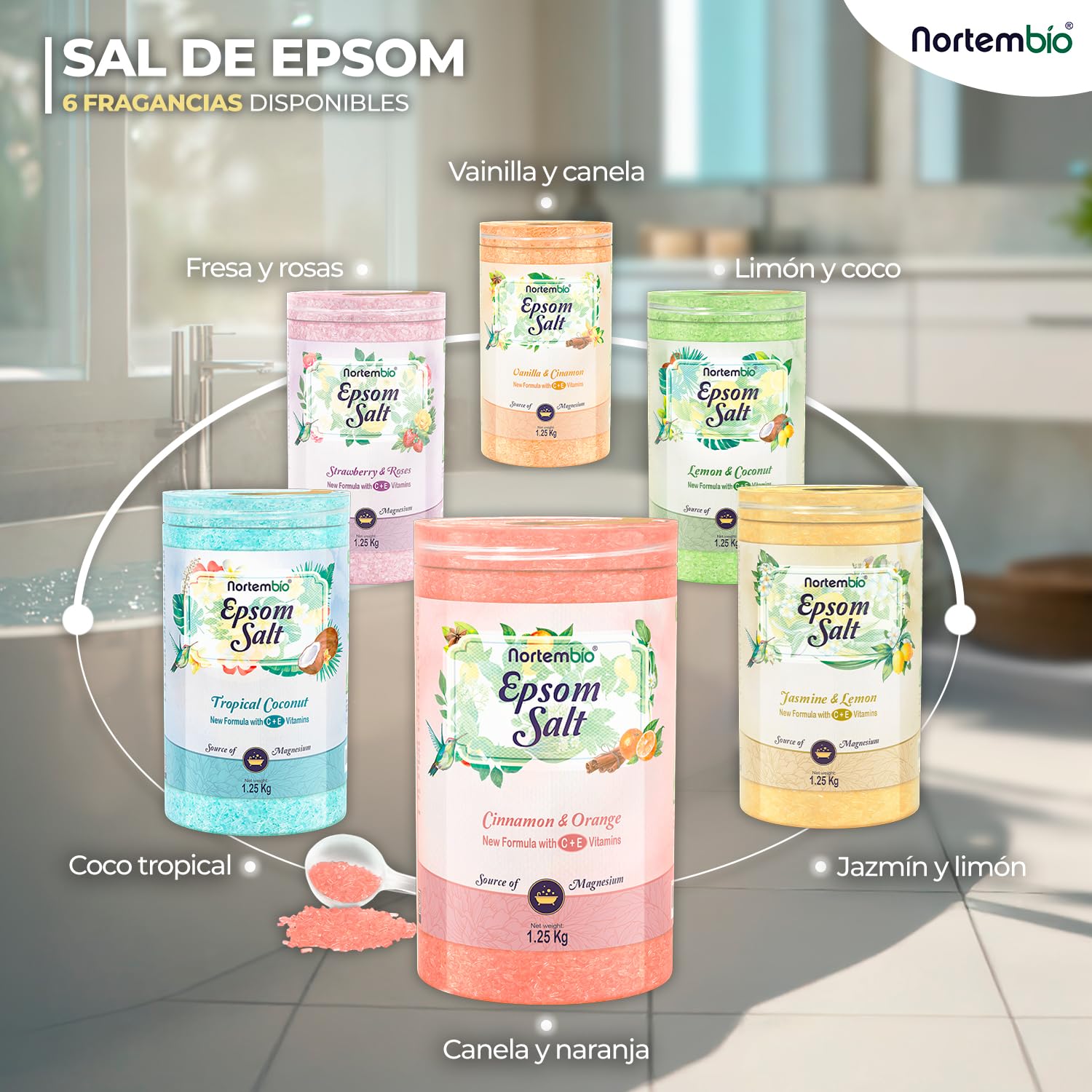 Nortembio Sales de Epsom con Fragancias 6 kg Sal de Magnesio Premium para Baño Relajante y Cuidado Muscular Vainilla y Canela