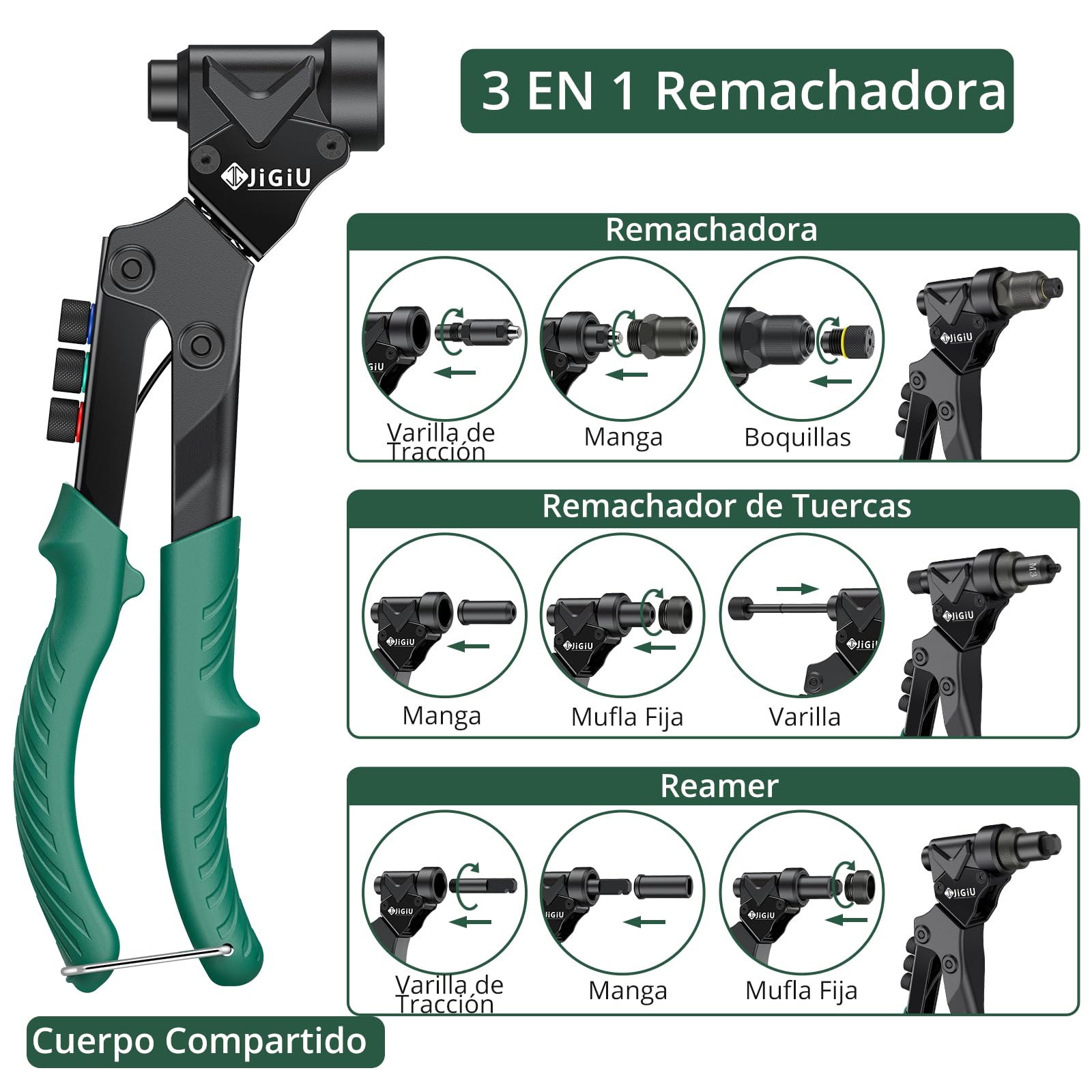JiGiU 3 en 1 Pistola Remachadora 360°Remachadora de Tuercas y Alicates para Remaches con 4 Mandriles M3 M4 M5 M6,4 Boquillas de 2.4mm 3.2mm 4.0mm 4.8 mm (con 40 Tuercas de Remache y 40 Remaches)