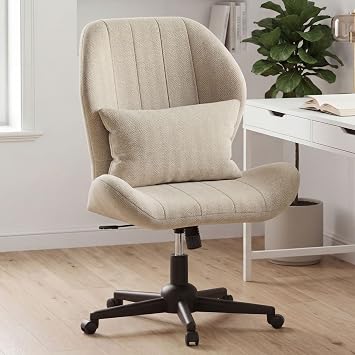 Criss Cross Chair with Wheels, Wide Cross Legged Chair with Lumbar Pillow & High Back, High-Density Foam Seat, Wing-Shaped Design for Home Office Desk Vanity Oatmeal
