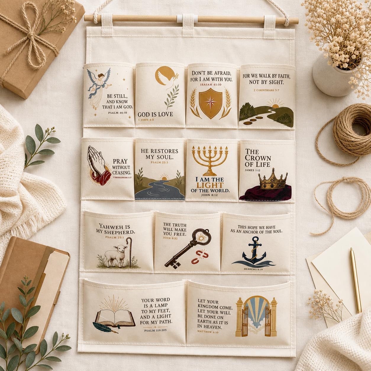 Christian Hanging Organizer,13 Pocket Canvas Storage Bag