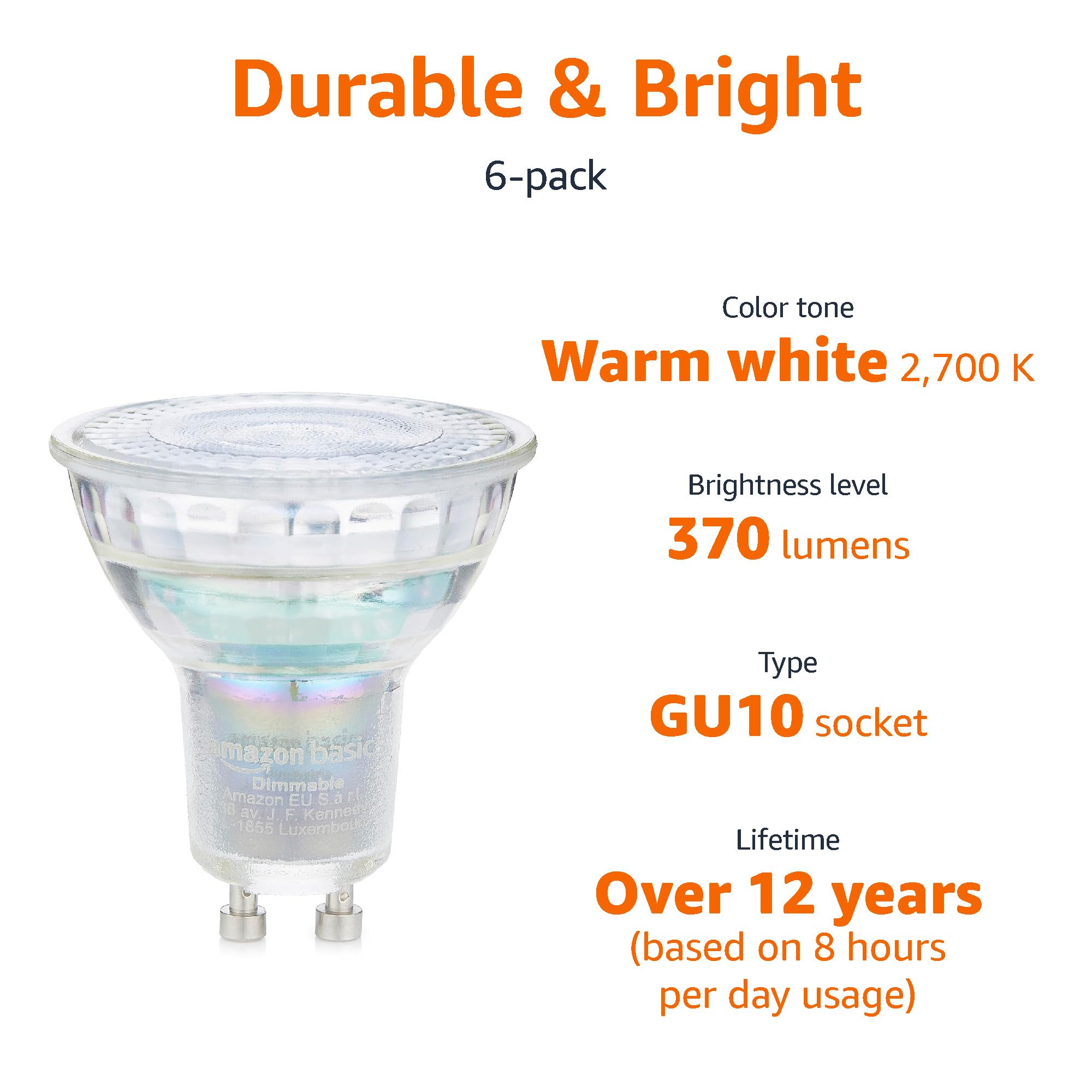 Amazon Basics Professioneller LED Strahler GU10, 4,8 W (entspricht 50W), Warmweiß, Dimmbar (6 Stück) (Packung mit 3)