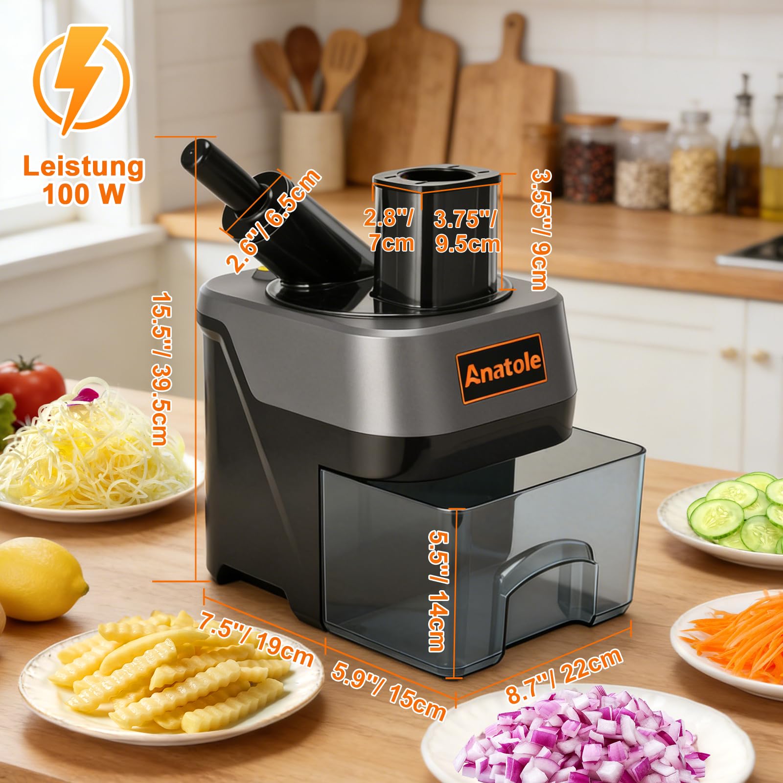 Anatole 6 in 1 Gemüseschneider Elektrisch Würfelschneider Professionell | Würfel& Reibe& Scheiben& Wellenscheiben Multifunktional, 6 Klingen, für Gurke Kartoffel Karotte Zwiebel Obst Gastro 100W 220V