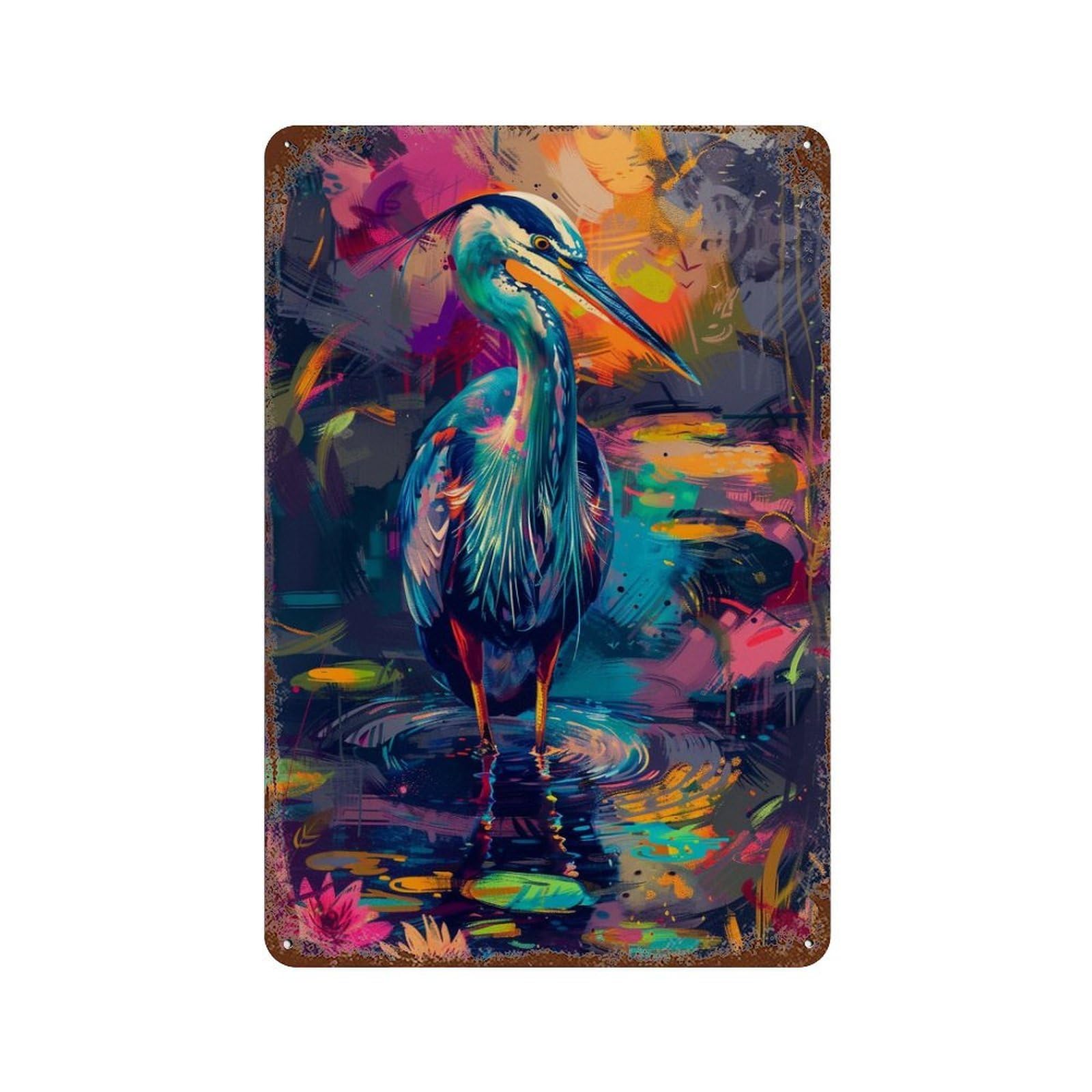Colorful Heron Painting Retro Metal Sign 11.8"x7.9", Novelty Wall Decor for Farmhouse, Kitchen And Entryway Decor