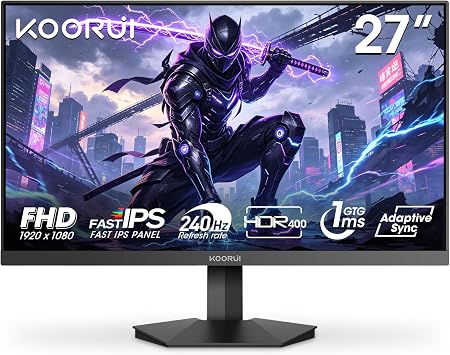 KOORUI 27 Inch Gaming Monitor, 240Hz, HDR 400, 1ms, Full-HD 1080P, IPS