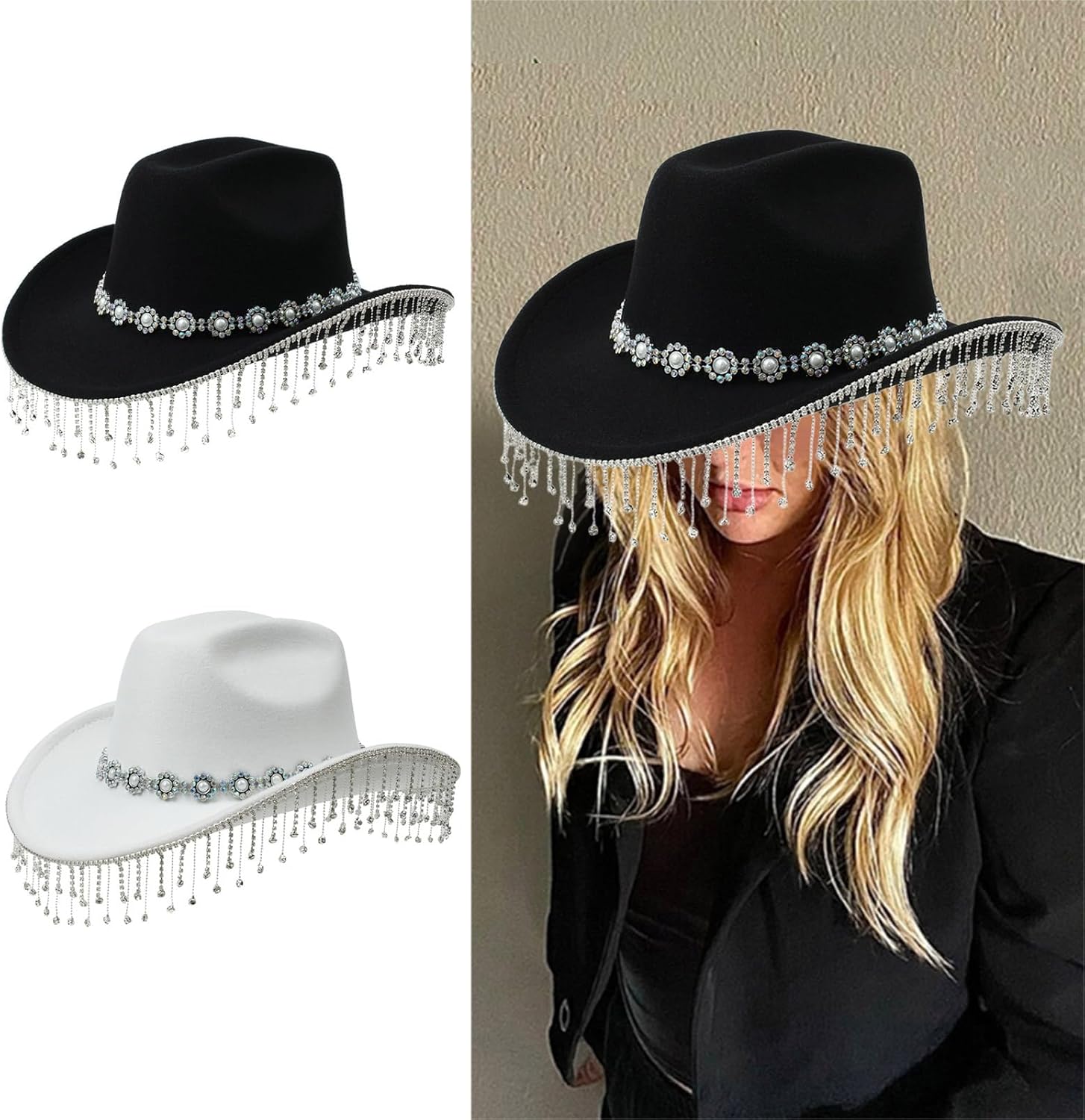 Vacation Cowboy Hats Tassels Hand Beading Crystal Girl Cowgirl Hat For Carnivals Music Festival Crystal Hat