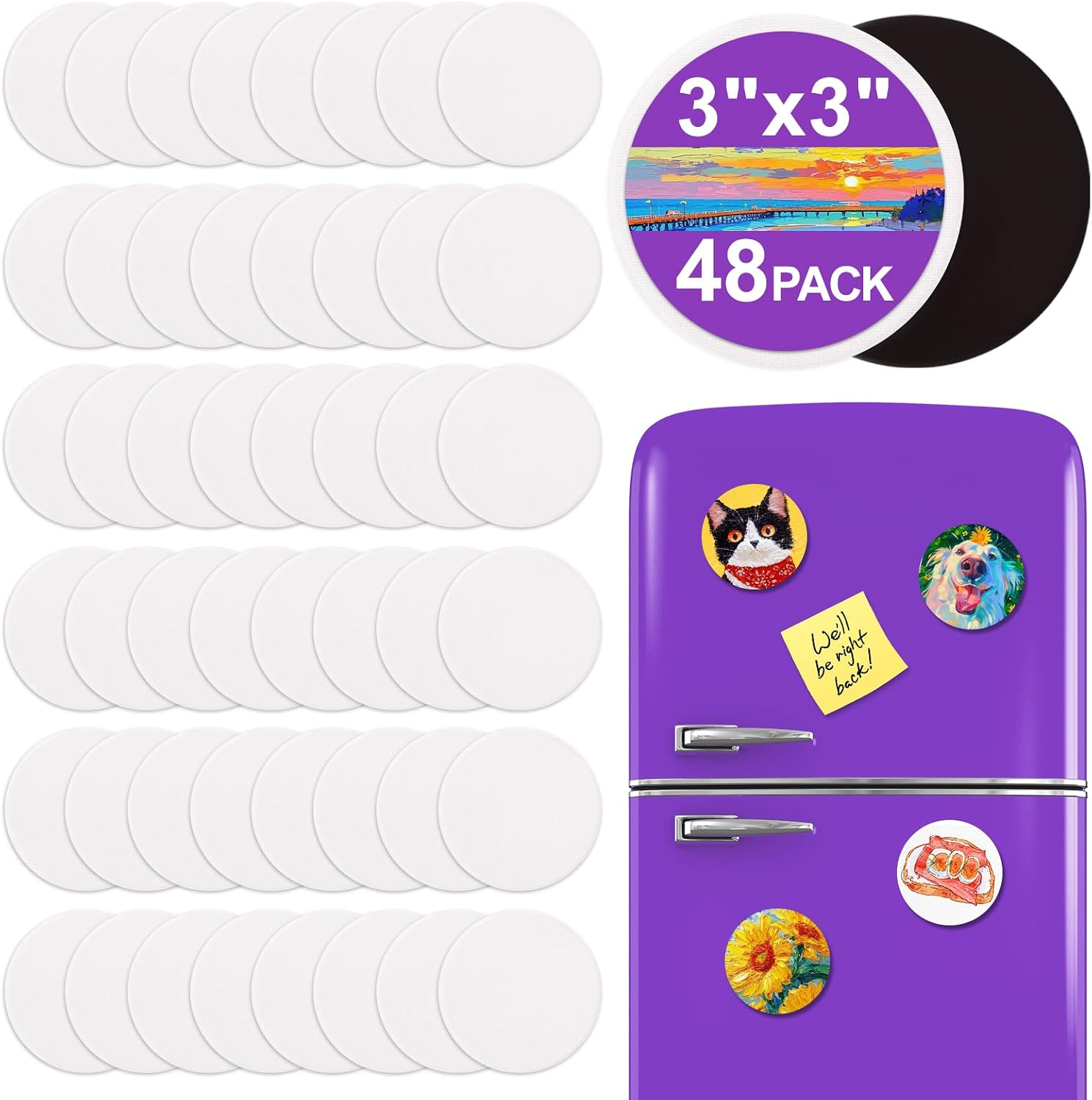 ESRICH 48Pack 3x3IN Round Mini Canvas Magnets, Small Magnetic Paint Canvas