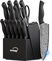 Vista 1 de Knife Set, Amorston 15 Pieces Kitchen Knife Set with Built in Knife Sharpener, High Carbon German Stainless Steel Knife Block Set, Black Dishwasher
