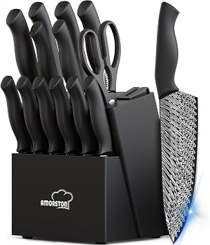 Amorston 15-Piece Kitchen Knife Set with Built-in Sharpener Block, German High-Carbon Stainless Steel Knives, Laser-Etched Blades, Dishwasher Safe, Ergonomic Handles, Elegant Gift for Modern Kitchens